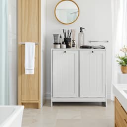 Waskast met uitneembare manden - Wit - 2 stoffen manden met dubbele handgrepen, kantelbaar ontwerp - MDF constructie met kantelbeveiliging - Vrijstaand, voor badkamer, wasruimte en hal — thumbnail 2