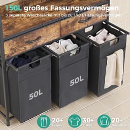 CINK & Co® Wassorteerder met 3 vakken - Wasmand met verstelbare planken en lades - 150 liter - Bruin en zwart - 106x33x160 cm — thumbnail 5