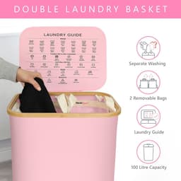 Wasmand met deksel - Kledingmand Sorteer - Kleding Sorteren - Dubbele Compartimenten - 100 Liter - Roze — thumbnail 2