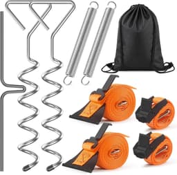 Grondanker - Metaal en Nylon - 40 cm Schroefpen met Verstelbare Spanband en Veer - Voor Caravan en Camper Luifels — thumbnail 1