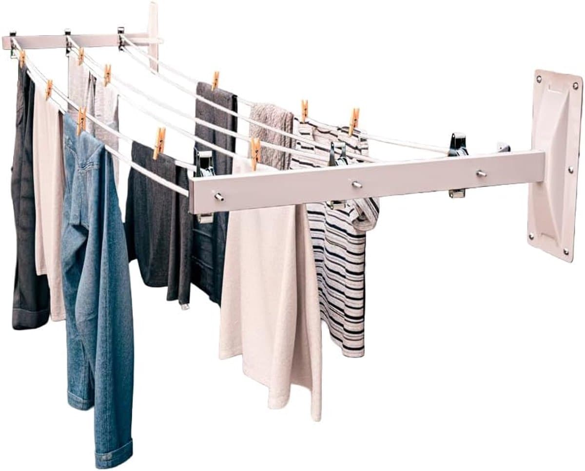Wandwaslijn - Wasrek Buiten - Kleding Drogen - 6 Roestvrij Staal Katrollen - 45 cm - Wit — afbeelding 1