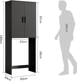 Wasmachinekast - Badkamerkast - Ruimte Besparen - Verstelbare Planken - 180x65x34 cm - Antraciet — thumbnail 3