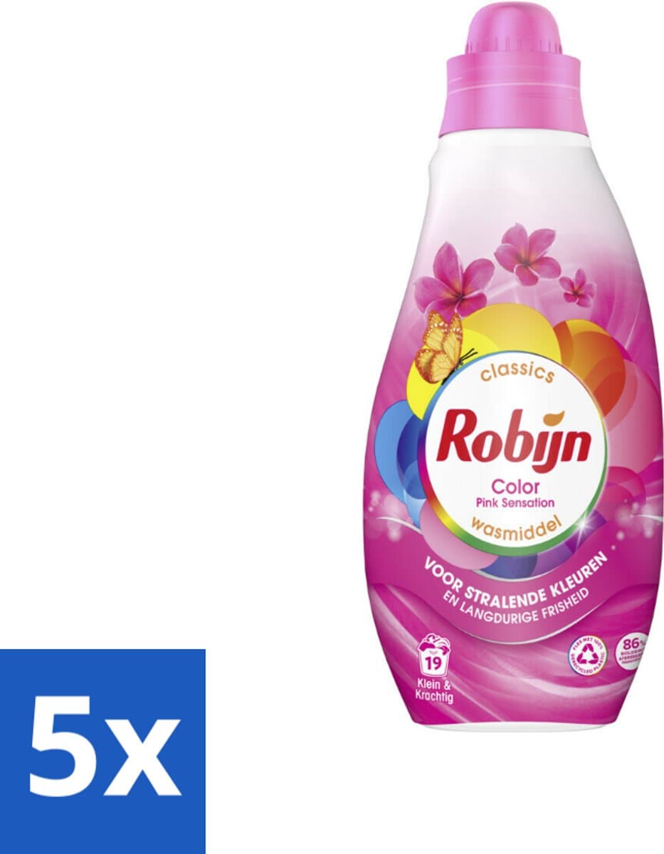 5 x Robijn - Klein & Krachtig Classics Color Pink Sensation - Vloeibaar Wasmiddel - 19 Wasbeurten - Kleurbehoud - Frisheid - Biologisch Afbreekbaar - Milieuvriendelijk - Vloeibaar Wasmiddel — afbeelding 1