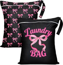 Wasnetjes met ritssluiting - Roze strikken op roze achtergrond - 55 x 45 cm - Waterdichte polyester waszakken - Voor reizen en dagelijks gebruik — thumbnail 3