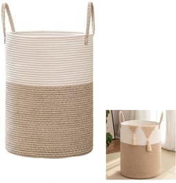 Wasmand van katoentouw - Wasmand van gevlochten katoentouw - Opvouwbare wasmand - Diverse mand - Wasmand - Opbergmand - 38*50,5 cm - Verstevigd handvat - Geschikt voor badkamers, kinderkamers, woonkamers, enz. - Bruin, wit — thumbnail 1