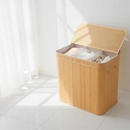 Wasmand Met Deksel - Bamboe Wasmand Met 3 Vakken - 150L Kledingmand Voor Was Sorteren - Grote Wasbox Voor Badkamer En Slaapkamer - Natuurlijke Uitstraling — thumbnail 2