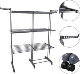 PIPIPOXER- Wasrek Inklapbaar-Droogrek-Staand Droogrek -Uitschuifbare Droogtoren – 3 Verdiepingen – 132 meter Drooglengte- Ruimtebesparend Wasrek -132x49x170 CM- Droogrek op Wielen - grijs — thumbnail 1