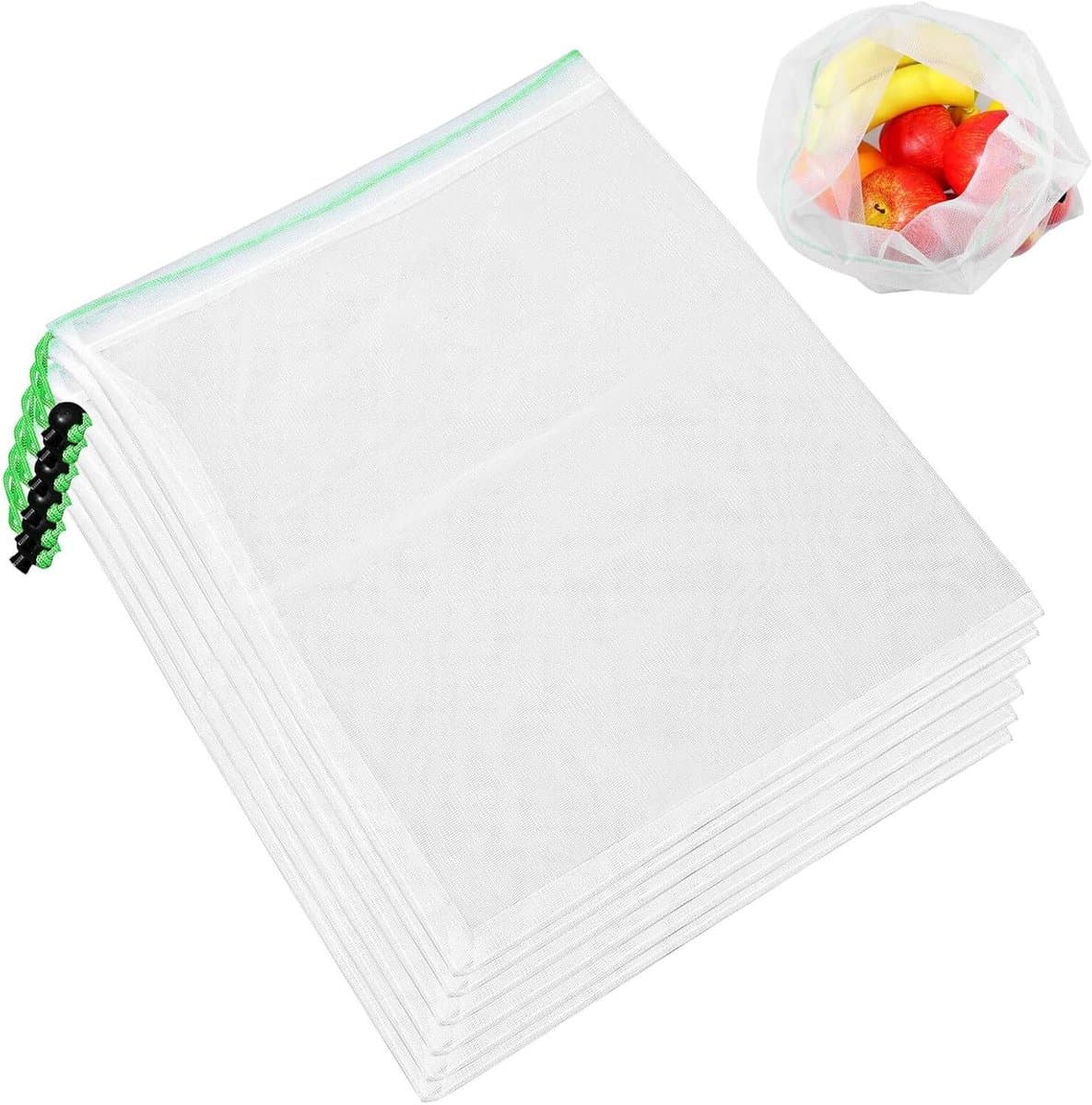 Herbruikbare Mesh Groentenzakken - Netzakken Fruit Opslag - Verse Producten Bewaren - Ademend Polyester Net - 35x30cm - Wit — afbeelding 1