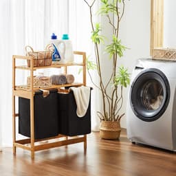 Wasmand van bamboeframe, wasverzamelaar met 2 planken, met 2 uittrekbare waszakken, geschikt voor slaapkamer, badkamer en waskeuken, 93 x 64 x 33 cm, zwart — thumbnail 4