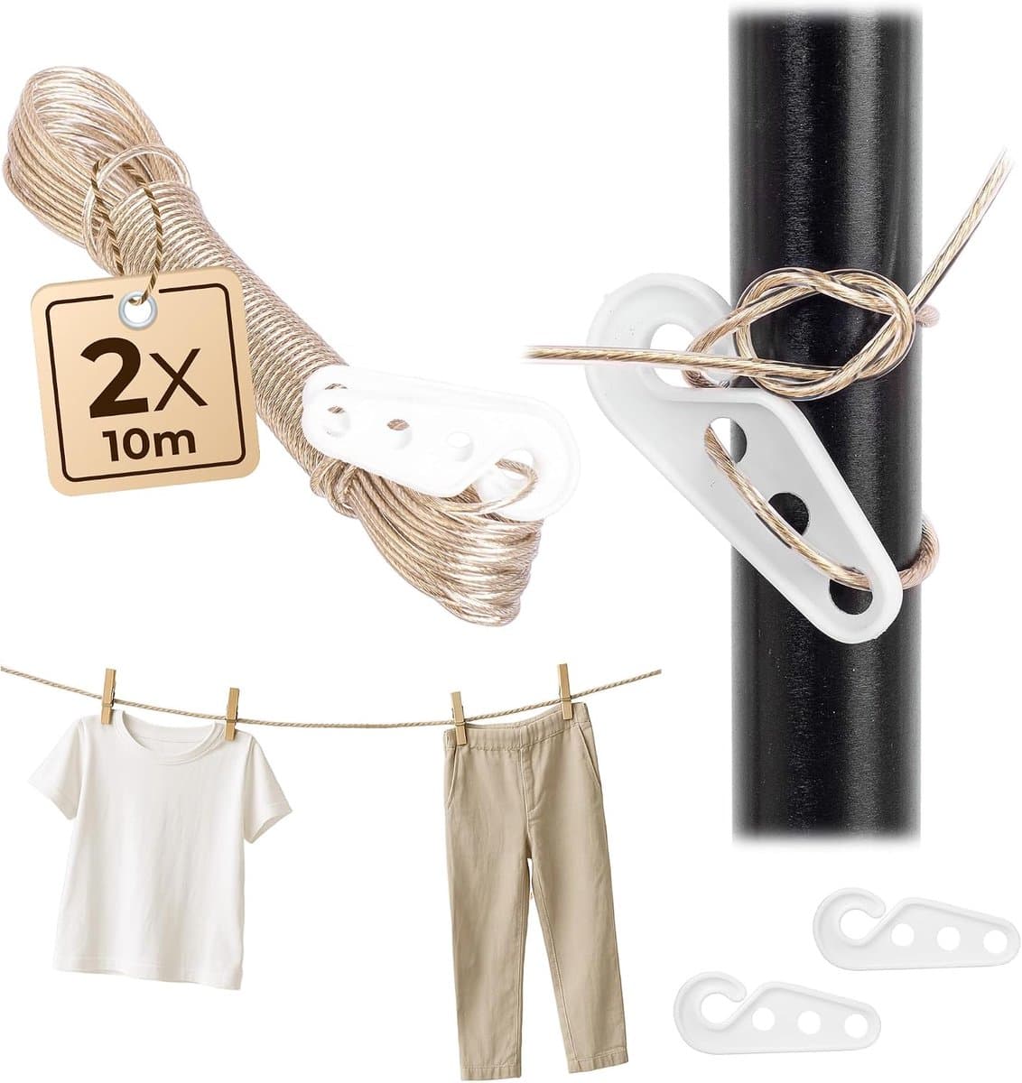 2 x waslijn, 10 m, 2 mm waslijn met stalen kern en kunststof ommanteling, weerbestendige waslijn voor balkon, tuin en camping, extra sterke lijn — afbeelding 1