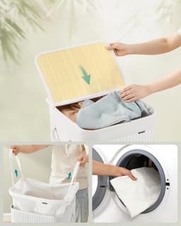Wasmand, 95 l, vuile wasmand, deksel, van bamboe, handgrepen, opvouwbaar, afneembare zak, machinewasbaar, voor wasruimte, slaapkamer, wit LCB060W01 — thumbnail 3
