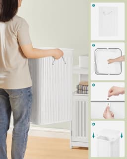 Wasmand, 95 l, vuile wasmand, deksel, van bamboe, handgrepen, opvouwbaar, afneembare zak, machinewasbaar, voor wasruimte, slaapkamer, wit LCB060W01 — thumbnail 5