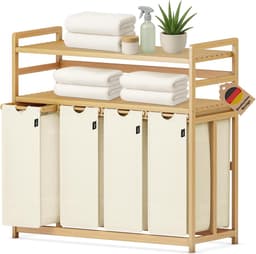 198 liter wasverzamelaar, 4 vakken, wasmand met dubbele plank | bamboe wasbox met uitneembare waszakken, ruimtebesparend voor badkamer, slaapkamer, waskeuken, beige — thumbnail 1