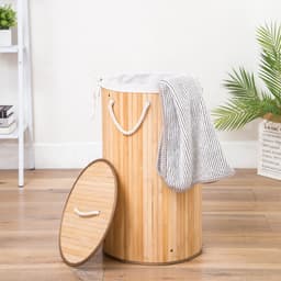 Grote Ronde Bamboe Wasmand met deksel - 80 L - Wasmand 1 Vak met stoffen waszak - Opvouwbaar - Wassorteerder Rond — thumbnail 1