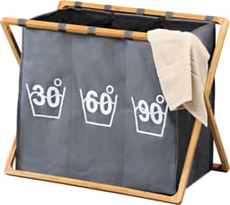 Wassorteerder 3 Vakken - Wasmand FSC® Bamboe houten Frame - Sorteer op 30° 60° 90° - Grote opvouwbare wasmand met 3 Vakken - 141 L — thumbnail 2