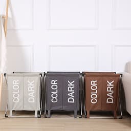 Wassorteerder - 60 L - Wasmand 2 Vakken - Opvouwbare Wasmanden - Wassorteerder 2 vaks - Aluminium Frame - Bruin - Wit — thumbnail 4