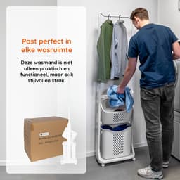 Eleganca Wasmand met ophangrek - H174 x B44 x D33 cm - Wasbox organizer – Wassorteerder met 2 vakken – Kunststof/Metaal – Wit — thumbnail 5