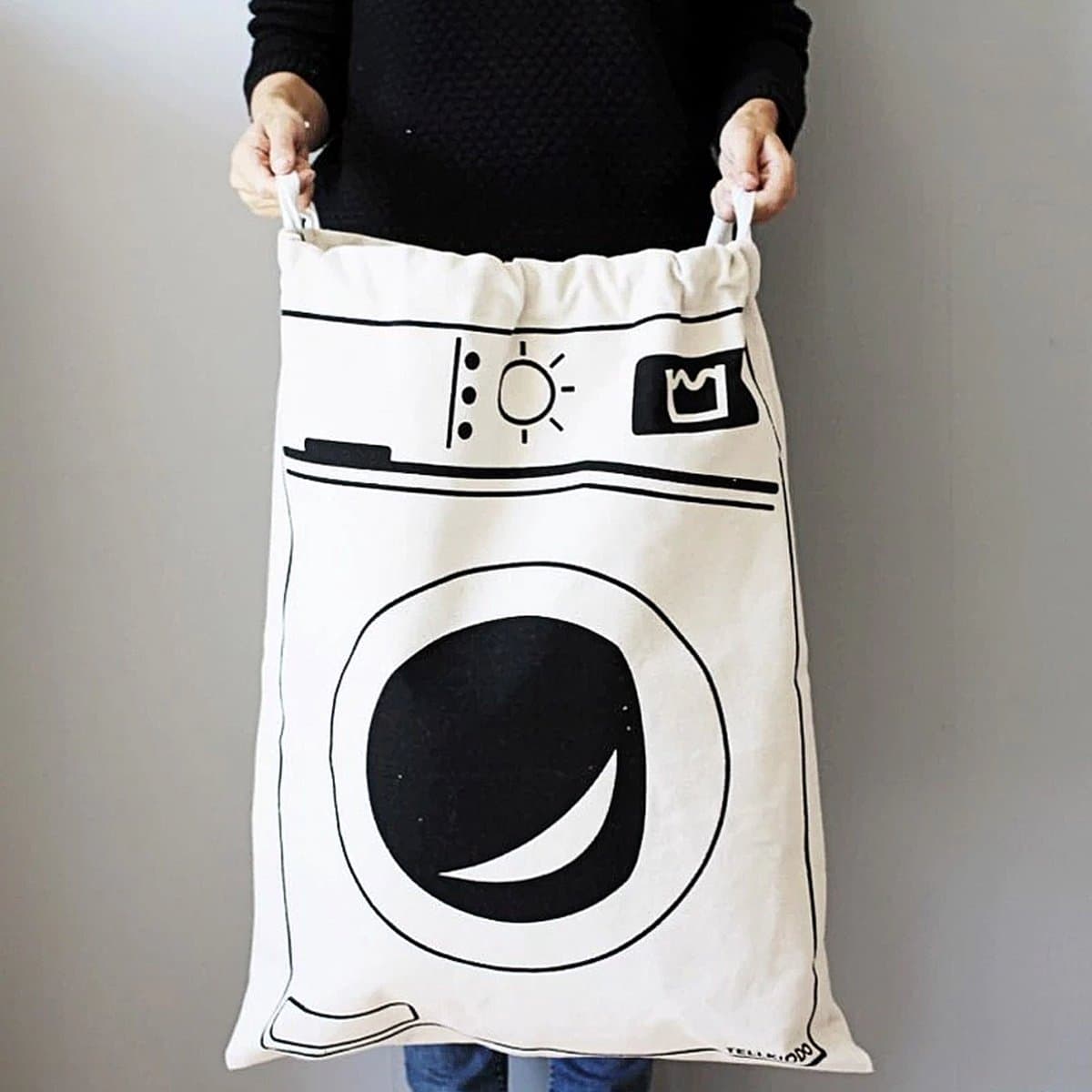 Allernieuwste.nl® Waszak met Wasmachine Print - Wasgoed Opbergtas met Trekkoord - Badkamer Was Zak - Laundry Bag - wit-zwart - 65 x 47 cm — afbeelding 1