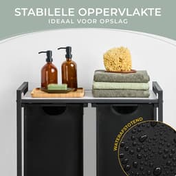 Blumtal Wasmand met 2 vakken - Wasmand met betonlook plank - Metalen frame - Wasmand met poten - Zwart — thumbnail 2