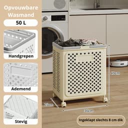 Wasmand - Wasmand opvouwbaar - 28x36x49 cm - 50 L - Met wielen - Met handgrepen - Ademend - Beige — thumbnail 1