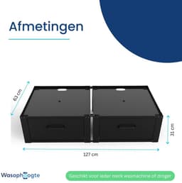 Wasophoogte® Wasmachine verhoger met lade - Dubbele wasmachine opbouwmeubel XL - Wasmachine sokkel - 31cm hoog - Zwart - Universeel - 63*63 (LxB) - Inclusief wandbeugels — thumbnail 4