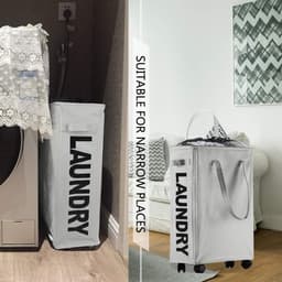 Wasmand met verlengde handgrepen, opvouwbare wasmand met wieltjes, smalle rechthoekige wasbak, opbergzak voor badkamer, slaapkamer, 40 l, 39 x 18,5 x 58 cm, lichtgrijs — thumbnail 2