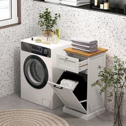 Houten Wasmeubel met Losse Wasmand en Lade voor Badkamer - Wit 40x37x82 cm — thumbnail 3