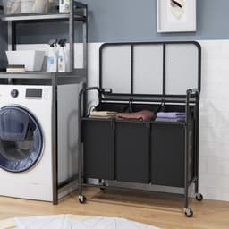 COSTWAY Wasmand met strijkplank, wasverzamelaar met 3 vakken en deksel, wassorteerwagen met wielen, wasbox uittrekbaar voor badkamer, bijkeuken, 80,5 x 41,5 x 87,5 cm — thumbnail 4