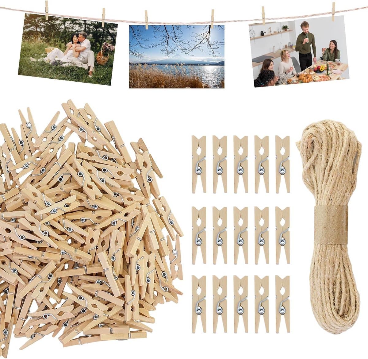 160 Houten Mini Wasknijpers met Jutekoord - voor Foto's, Kaarten, Decoratie — afbeelding 1