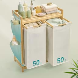 Dubbele compartiment wasmand 63x33x78cm naturel+wit Grote capaciteit 2x50L Voor gesorteerd opbergen Met plank, zijvak en afneembare waszak Stevig bamboe frame Voor thuis, slaapkamer en woonkamer — thumbnail 5