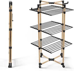 Folding Drying Rack 3 Levels Laundry Rack Large Capacity 25 m Drying Rack with 4 Wheels 2 Side Wings for Indoor and Outdoor Use Black — thumbnail 2