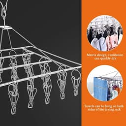 Socks Drying Rack with 30 Clips - Stainless Steel, Windproof, Foldable, Rectangular - Laundry Diaper Hanger, Dryer with Pins for Underwear, Bras, Scarves, Baby Clothes, Diapers — thumbnail 2