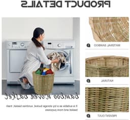 Ronde rotan-afvalmand met deksel - Geweven vuilnisemmer voor natuurlijk opbergen, rieten mand en wasmand voor in huis — thumbnail 4