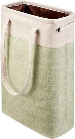 Wasmand met handgrepen - Wasknijperzak Opbergzak - Kleding sorteren - Opvouwbaar en slank ontwerp - 38x20x61 cm - Beige en groen — thumbnail 1