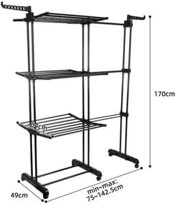 ELYSIVM Wasrek - Droogrek - Droogrek Uitschuifbaar - Wasrek op Wielen - Droogrek Groot - 3 niveaus - Uitschuifbaar 75–142,5 cm - 6 Wielen en 4 Remmen - 170 cm hoog - Staal / Kunststof - Zwart — thumbnail 5