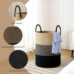 Gevlochten wasmand met handvat, rond en groot 38 x 50 cm, ideaal voor dekens, speelgoed en wasverzameling in woonkamer of wasruimte (driekleurig) — thumbnail 3