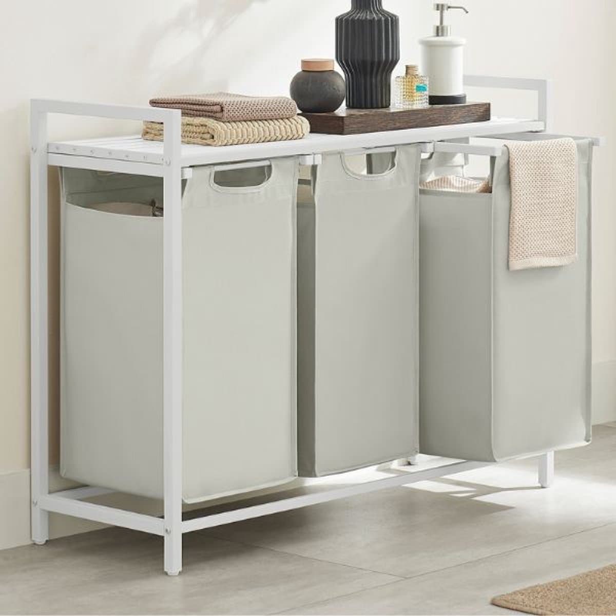 Wasmanden Met Plank Polly | Drie Compartimenten | 92,5 X 33 X 72 Cm | Wit - Vasagle - Wasmanden - Wit - Stof; Metaal — afbeelding 1