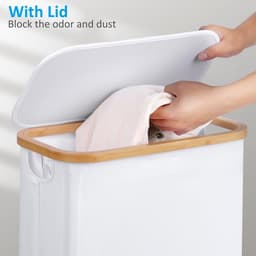 Wasmand 63 liter - Opvouwbare wasmand met deksel - Wit met bamboe handgrepen — thumbnail 4
