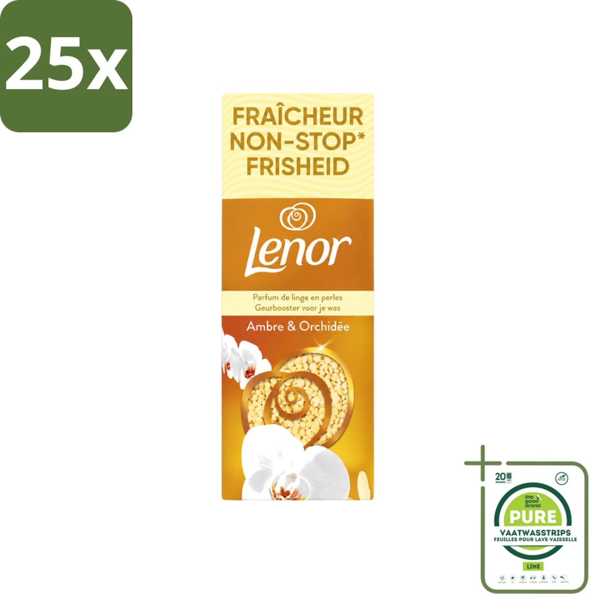 25 x Lenor – Geurbooster – Amber & Orchidee – 12 Wasbeurten – 155 g - Grootverpakking - Vaatwasstrips - Geurparels - Wasgeur - Luxegeur - Orchidee - Vanille — afbeelding 1