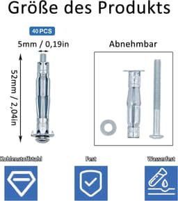 40 stuks holle wandankers, M5 x 52 holle metalen ankerset, koolstofstaal, hollewandpluggen metaal, expansiemoeren, voor gipswanden, holle wanden, ijzeren deuren — thumbnail 5