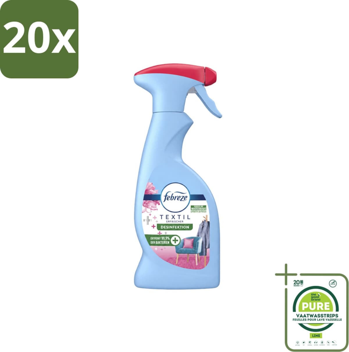 20 x Febreze – Textielspray – Roze Anjers – 375 ml - Grootverpakking - Vaatwasstrips - Textielgeur - Textielverzorging - Geurverwijdering - Textielspray - Roze Anjers — afbeelding 1