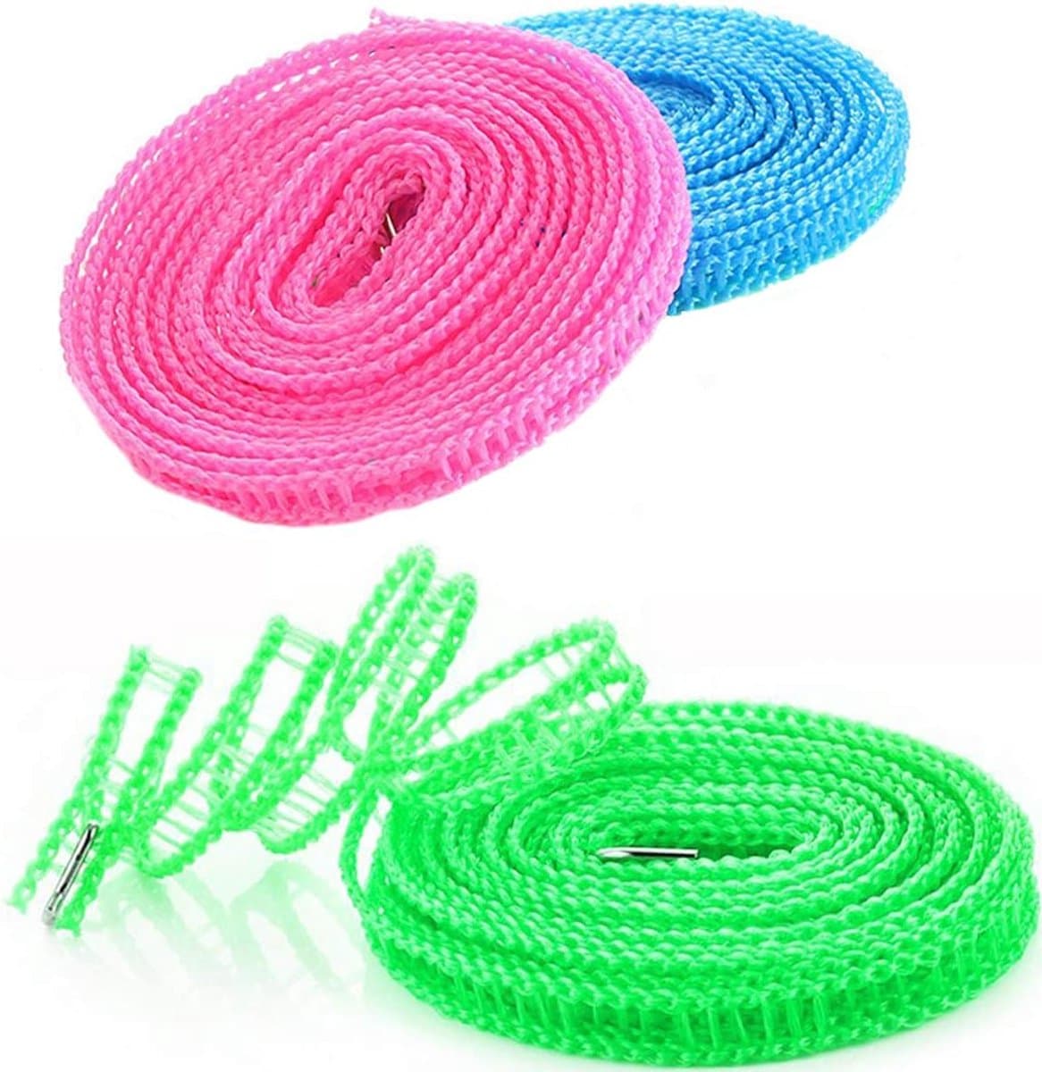 3 Stuks Camping Waslijn - Antislip Waslijn - Windbestendige Waslijn - 5 Meter Lang - Windscherm - Draagbare - Ook Zonder Boren - Roldrooglijn - Voor Kamperen, Reizen en Wassen (Binnen & Buiten) - Blauw, Roze, Groen — afbeelding 1