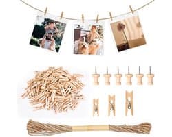 Wasknijpers Houten - 160 Stuks - Kleine Clips 2.5/3/3.5cm - Jute Touw 10m - Spijkers - Creatieve Decoratie - Fotoclips