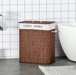 MEUNIQ Wasmand 100L met deksel en 2 vakken, bamboe wassorteerder met afneembare waszak, wasbaar binnenvak, 3 handgrepen en opvouwbaar ontwerp, bruin — thumbnail 2