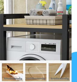 Livista Wasmachinerek - Wasmachine kast - Badkamerrek – Ruimtebesparende Wasmachine Organizer – Stalen Frame – 3 Hoogtestanden – Water-, Kras- en Hittebestendig Werkblad – Antislip Voetjes – 200 kg Draagvermogen - Zwart/Hout — thumbnail 4