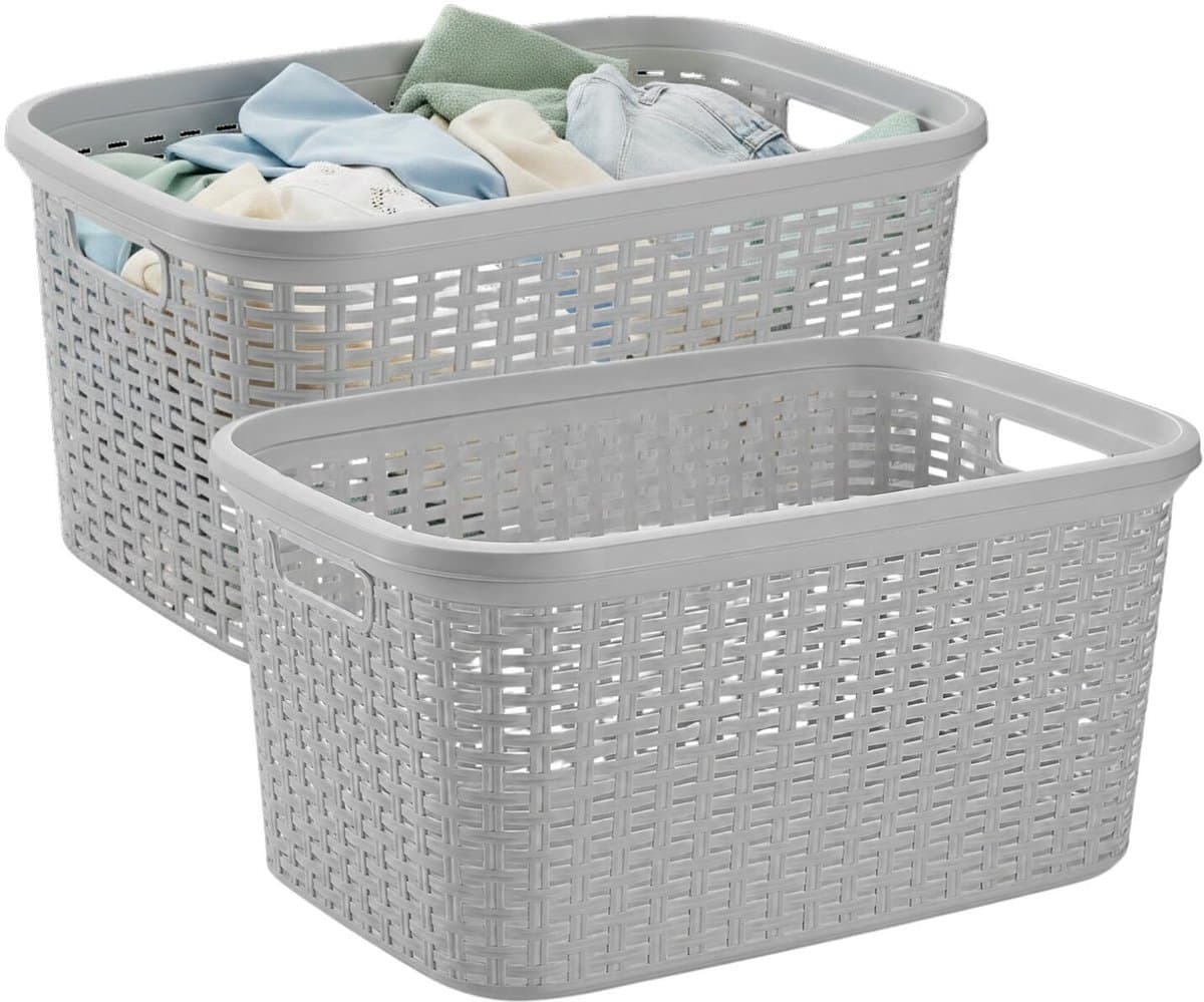 Plasticforte Wasmand - 2x - 35 liter - rotan - licht grijs - kunststof - 53 x 36 x 26 cm - draagmand - met handvatten - lichtgewicht — afbeelding 1