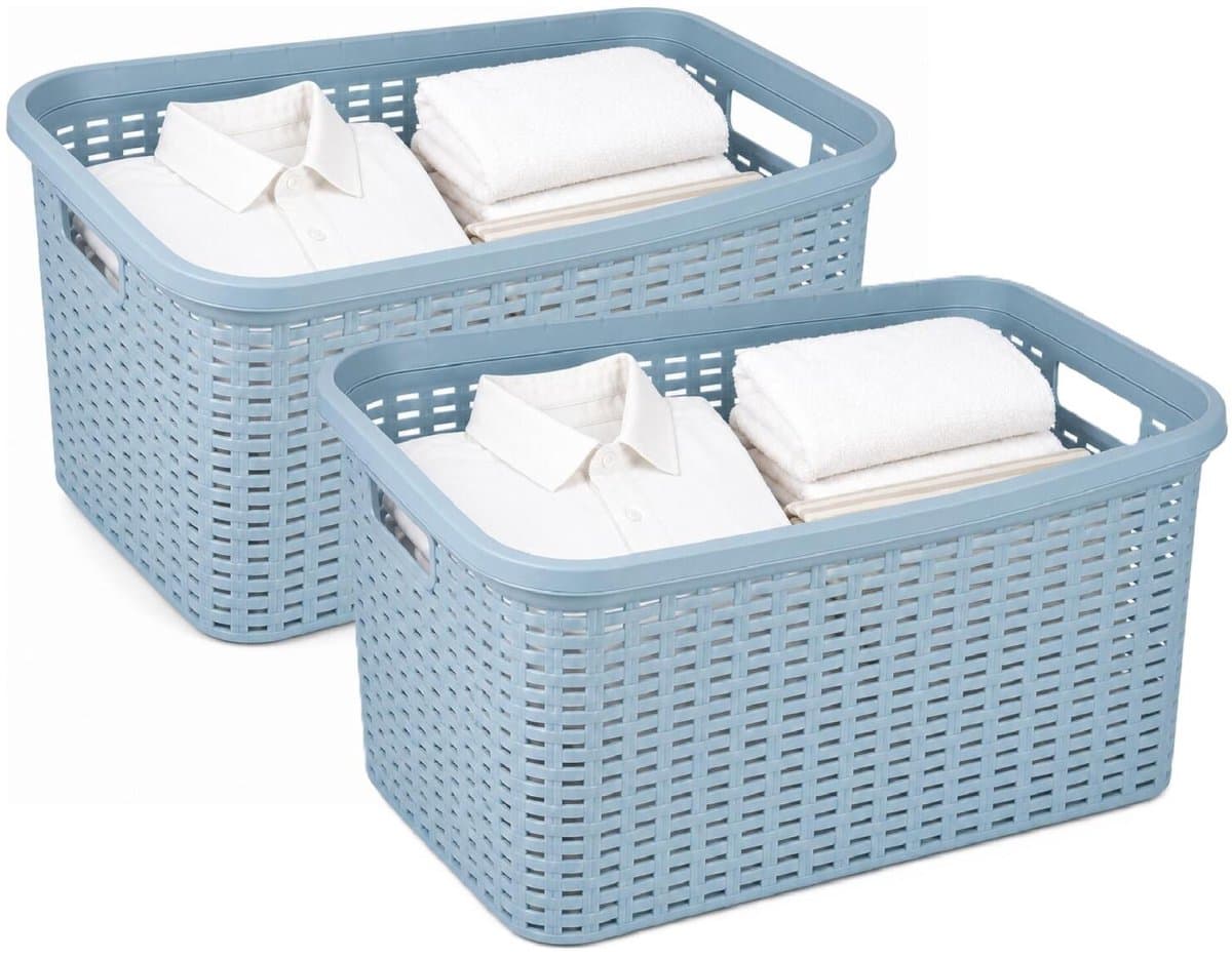 Plasticforte Wasmand - 2x - 35 liter - rotan - blauw - kunststof - 53 x 36 x 26 cm - draagmand - met handvatten - lichtgewicht — afbeelding 1