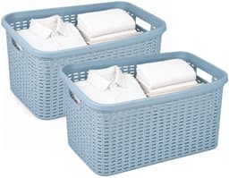 Plasticforte Wasmand - 2x - 35 liter - rotan - blauw - kunststof - 53 x 36 x 26 cm - draagmand - met handvatten - lichtgewicht — thumbnail 1