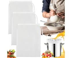 SnelShoppen - Pack van 3 Herbruikbare Filterdoeken, 200 Mesh, 45 x 60 cm, Met Trekkoord, Grote Zeefzak voor Wijnproductie, Nylon Gaasdoek voor Keuken,
