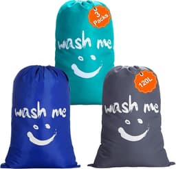 Set van 3 Waszakken, 120 L, Lichtgewicht Nylon Reiszak met Trekkoord, Ideaal voor Kamperen, Reizen en Thuisgebruik, Donkergrijs + Blauw + Donkerblauw — thumbnail 1
